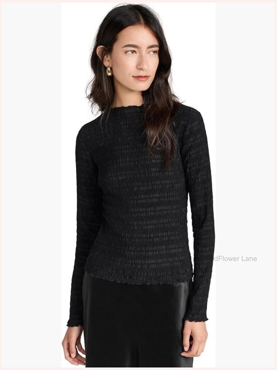Long Sleeve Smocked Blouse - Boat Neck - Pull On Stretch Top